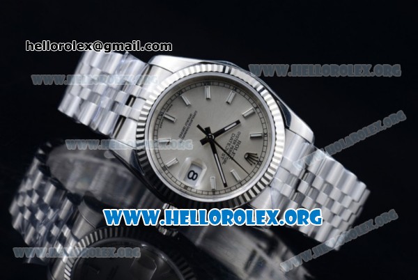 Rolex Datejust Clone Rolex 3135 Automatic Steel Case with Silver Dial Stick Markers and Stainless Steel Bracelet - 1:1 Original (AR) - Click Image to Close