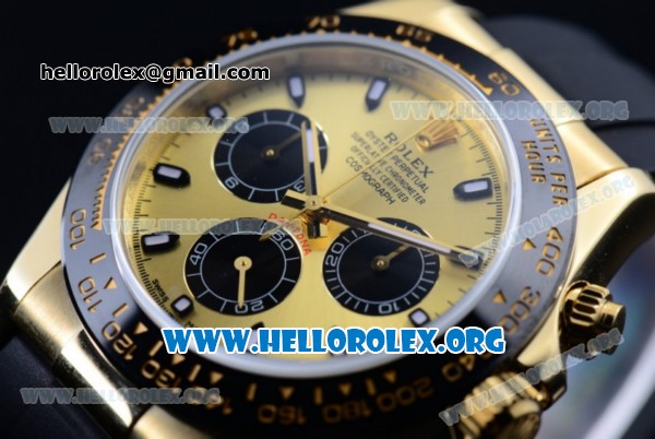 Rolex Daytona Chronograph Clone Rolex 4130 Automatic Yellow Gold Case with Yellow Gold Dial Stick Markers and Black Rubber Strap - 1:1 Original (AR) - Click Image to Close