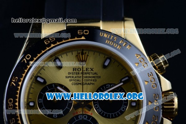 Rolex Daytona Chronograph Clone Rolex 4130 Automatic Yellow Gold Case with Yellow Gold Dial Stick Markers and Black Rubber Strap - 1:1 Original (AR) - Click Image to Close