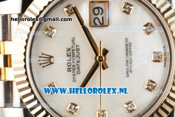 Rolex Datejust Clone Swiss ETA 2836 Automatic K Gold Case with White Dial Diamonds Markers and Two Tone Bracelet BP - Click Image to Close