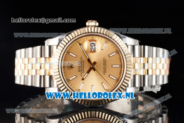 Rolex Datejust Clone Swiss ETA 2836 Automatic K Gold Case with Yellow Gold Dial stick Markers and Two Tone Bracelet BP - Click Image to Close