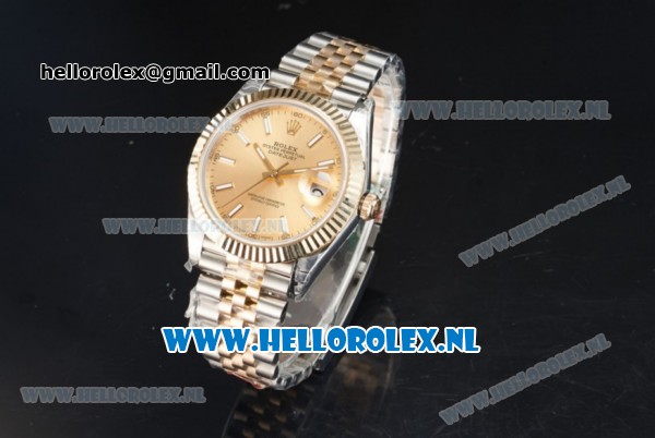 Rolex Datejust Clone Swiss ETA 2836 Automatic K Gold Case with Yellow Gold Dial stick Markers and Two Tone Bracelet BP - Click Image to Close