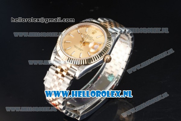 Rolex Datejust Clone Swiss ETA 2836 Automatic K Gold Case with Yellow Gold Dial stick Markers and Two Tone Bracelet BP - Click Image to Close