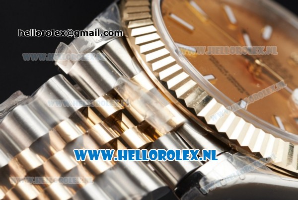 Rolex Datejust Clone Swiss ETA 2836 Automatic K Gold Case with Yellow Gold Dial stick Markers and Two Tone Bracelet BP - Click Image to Close