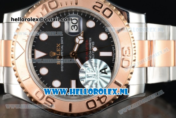 Rolex Yacht-Master Clone Rolex 3135 Automatic Rose Gold Case Black Dial Dots Markers and Two Tone Bracelet -1:1 Original - Click Image to Close
