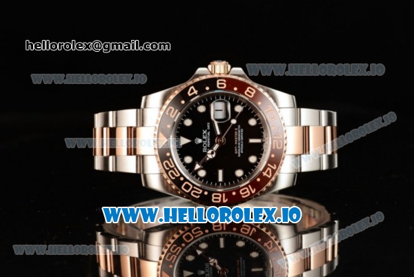 Rolex GTM-Master II 2836 Automatic Rose Gold Case with Black Dial Dots Markers and Two Tone Bracelet - Click Image to Close