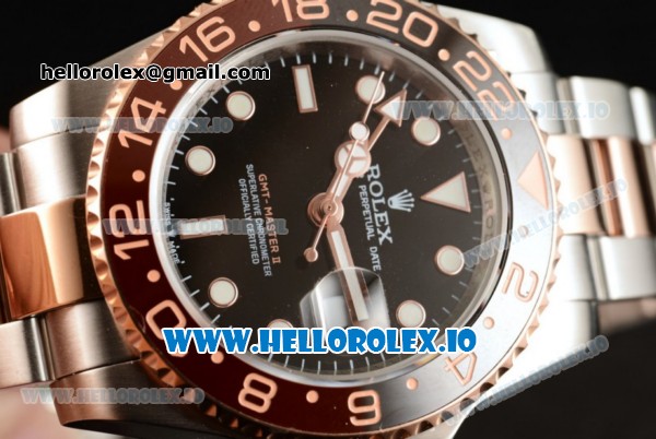 Rolex GTM-Master II 2836 Automatic Rose Gold Case with Black Dial Dots Markers and Two Tone Bracelet - Click Image to Close
