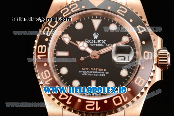 Rolex GTM-Master II 2836 Automatic Rose Gold Case with Black Dial Dots Markers and Steel Bracelet - Click Image to Close
