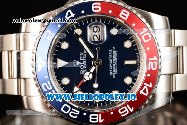 Rolex GTM-Master II 2836 Automatic Steel Case with Blue Dial Dots Markers and Steel Bracelet - Click Image to Close