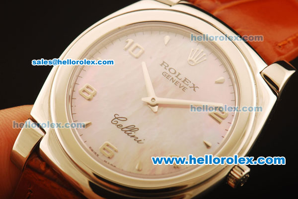 Rolex Cellini Swiss Quartz Steel Case with Pink MOP Dial and Brown Leather Strap - Click Image to Close