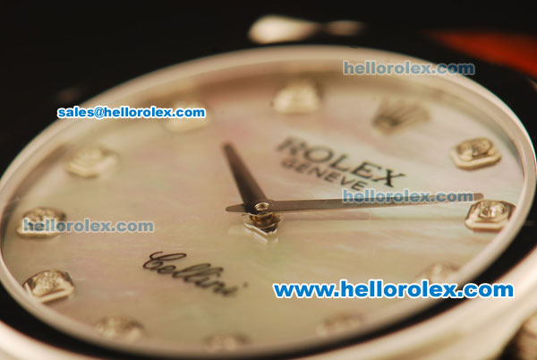 Rolex Cellini Swiss Quartz Steel Case with White MOP Dial and Brown Leather Strap-Diamond Markers - Click Image to Close