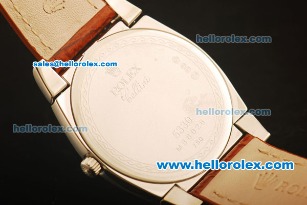 Rolex Cellini Swiss Quartz Steel Case with White MOP Dial and Brown Leather Strap-Diamond Markers - Click Image to Close