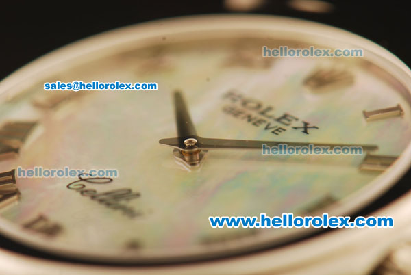 Rolex Cellini Swiss Quartz Steel Case with White MOP Dial and Brown Leather Strap-Roman Markers - Click Image to Close