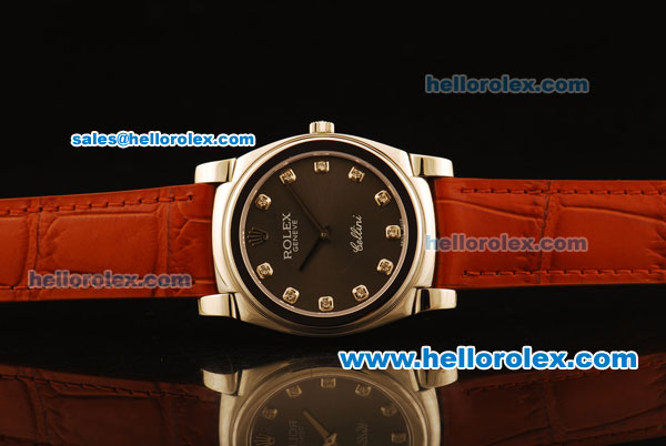 Rolex Cellini Swiss Quartz Steel Case with Black MOP Dial and Brown Leather Strap-Diamond Markers - Click Image to Close