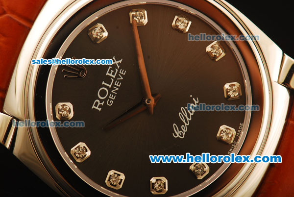 Rolex Cellini Swiss Quartz Steel Case with Black MOP Dial and Brown Leather Strap-Diamond Markers - Click Image to Close