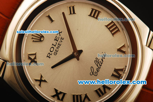 Rolex Cellini Swiss Quartz Steel Case with Silver Dial and Brown Leather Strap-Roman Markers - Click Image to Close