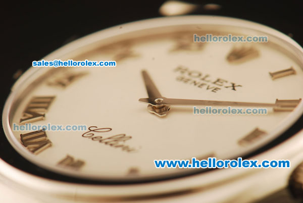 Rolex Cellini Swiss Quartz Steel Case with White Dial and Brown Leather Strap-Roman Markers - Click Image to Close