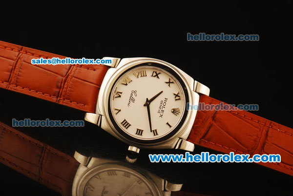 Rolex Cellini Swiss Quartz Steel Case with White Dial and Brown Leather Strap-Roman Markers - Click Image to Close