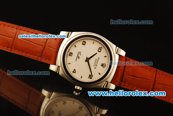 Rolex Cellini Swiss Quartz Steel Case with White Dial and Brown Leather Strap - Click Image to Close