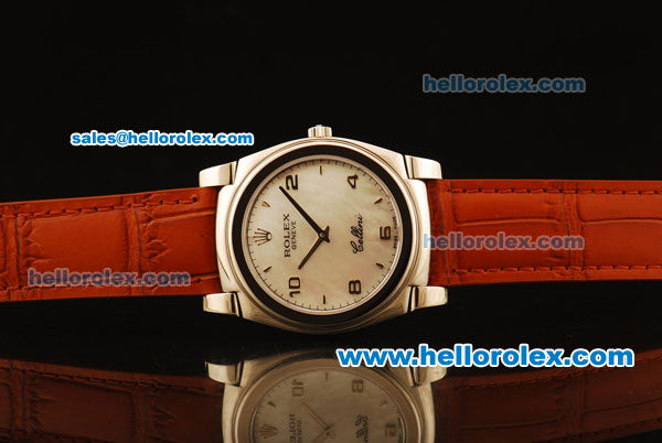 Rolex Cellini Swiss Quartz Steel Case with White MOP Dial and Brown Leather Strap-Numeral Markers - Click Image to Close