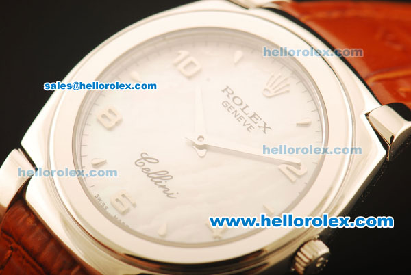 Rolex Cellini Swiss Quartz Steel Case with White MOP Dial and Brown Leather Strap-Numeral Markers - Click Image to Close