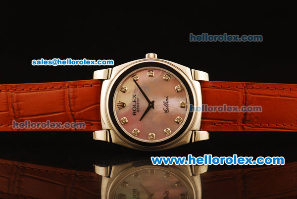 Rolex Cellini Swiss Quartz Steel Case with Pink MOP Dial and Brown Leather Strap-Diamond Markers - Click Image to Close
