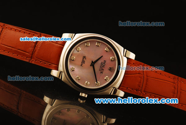 Rolex Cellini Swiss Quartz Steel Case with Pink MOP Dial and Brown Leather Strap-Diamond Markers - Click Image to Close