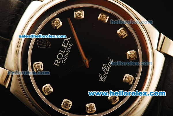 Rolex Cellini Swiss Quartz Steel Case with Black Dial and Black Leather Strap-Diamond Markers - Click Image to Close