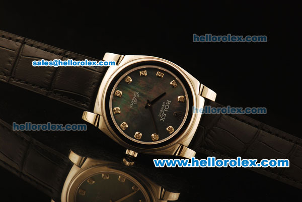 Rolex Cellini Swiss Quartz Steel Case with Black MOP Dial and Black Leather Strap-Diamond Markers - Click Image to Close