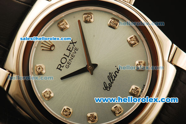 Rolex Cellini Swiss Quartz Steel Case with Grey MOP Dial and Black Leather Strap-Diamond Markers - Click Image to Close