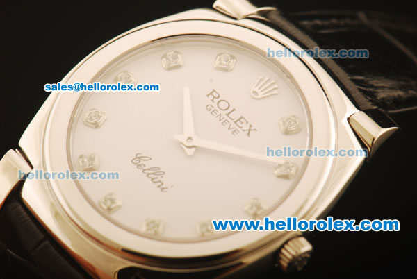 Rolex Cellini Swiss Quartz Steel Case with White Dial and Black Leather Strap-Diamond Markers - Click Image to Close