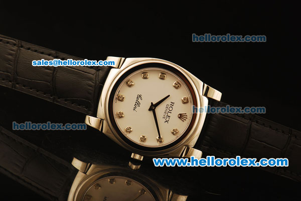 Rolex Cellini Swiss Quartz Steel Case with White Dial and Black Leather Strap-Diamond Markers - Click Image to Close