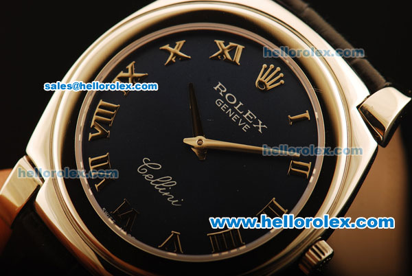 Rolex Cellini Swiss Quartz Steel Case with Dark Blue Dial and Black Leather Strap-Roman Markers - Click Image to Close