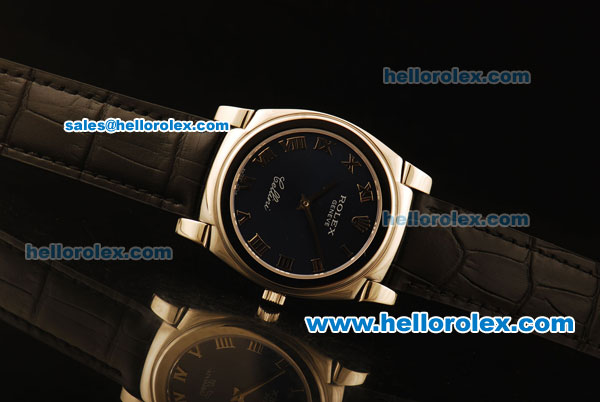 Rolex Cellini Swiss Quartz Steel Case with Dark Blue Dial and Black Leather Strap-Roman Markers - Click Image to Close