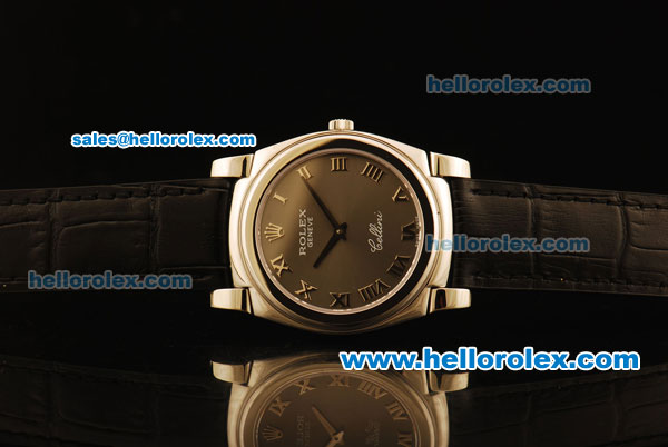 Rolex Cellini Swiss Quartz Steel Case with Black MOP Dial and Black Leather Strap-Roman Markers - Click Image to Close