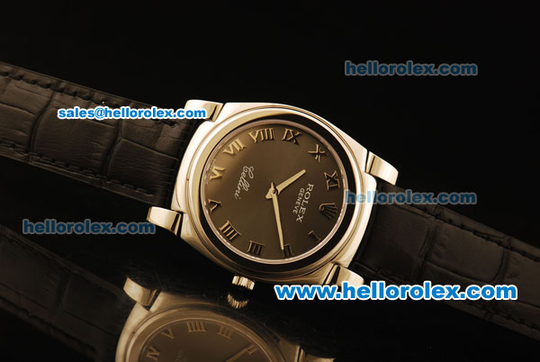 Rolex Cellini Swiss Quartz Steel Case with Black MOP Dial and Black Leather Strap-Roman Markers - Click Image to Close