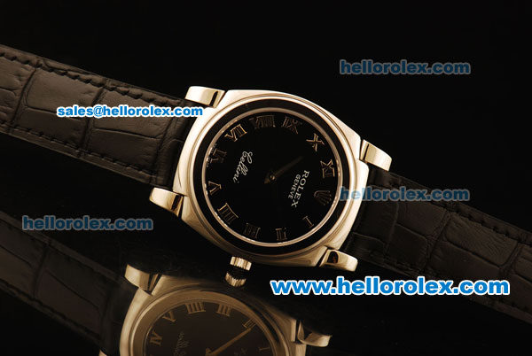 Rolex Cellini Swiss Quartz Steel Case with Black Dial and Black Leather Strap-Roman Markers - Click Image to Close