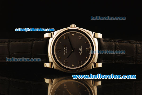 Rolex Cellini Swiss Quartz Steel Case with Brown Dial and Black Leather Strap-Numeral Markers - Click Image to Close