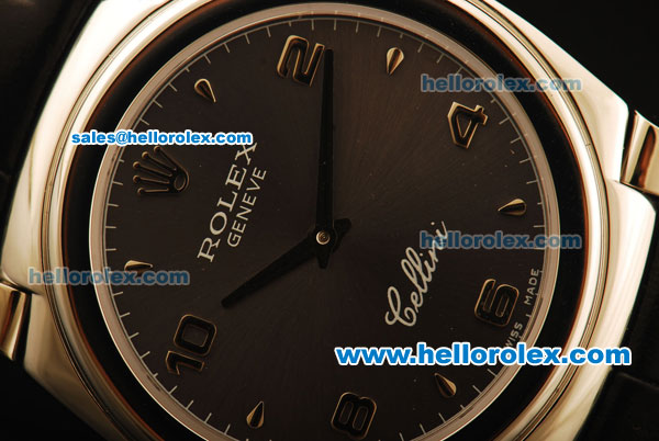 Rolex Cellini Swiss Quartz Steel Case with Brown Dial and Black Leather Strap-Numeral Markers - Click Image to Close