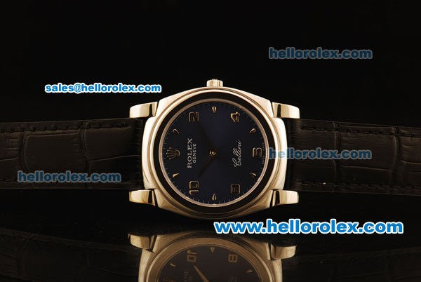 Rolex Cellini Swiss Quartz Steel Case with Dark Blue Dial and Black Leather Strap-Numeral Markers - Click Image to Close