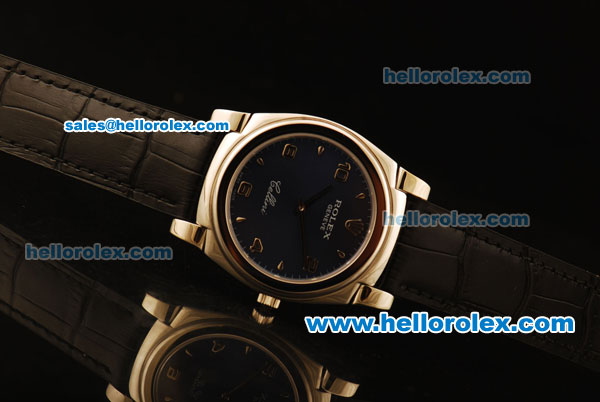 Rolex Cellini Swiss Quartz Steel Case with Dark Blue Dial and Black Leather Strap-Numeral Markers - Click Image to Close