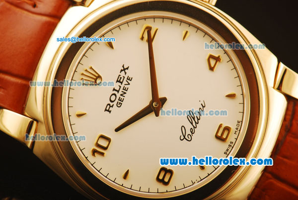 Rolex Cellini Swiss Quartz Yellow Gold Case with White Dial and Brown Leather Strap-Numeral Markers - Click Image to Close