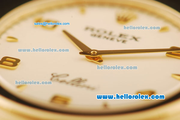 Rolex Cellini Swiss Quartz Yellow Gold Case with White Dial and Brown Leather Strap-Numeral Markers - Click Image to Close