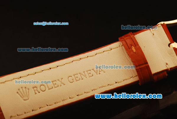 Rolex Cellini Swiss Quartz Yellow Gold Case with White Dial and Brown Leather Strap-Numeral Markers - Click Image to Close