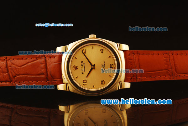 Rolex Cellini Swiss Quartz Yellow Gold Case with Yellow Gold Dial and Brown Leather Strap-Numeral Markers - Click Image to Close