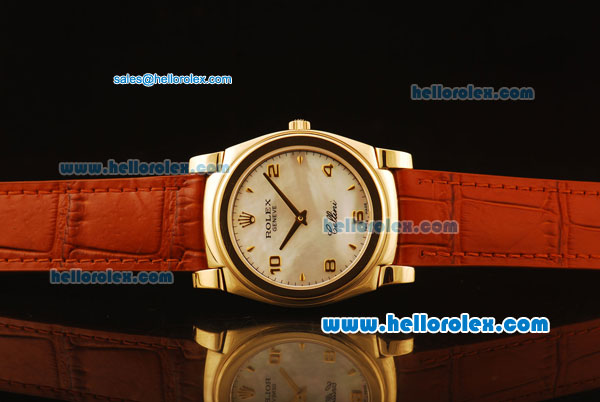 Rolex Cellini Swiss Quartz Yellow Gold Case with White MOP Dial and Brown Leather Strap-Numeral Markers - Click Image to Close
