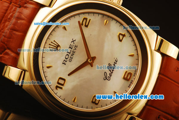 Rolex Cellini Swiss Quartz Yellow Gold Case with White MOP Dial and Brown Leather Strap-Numeral Markers - Click Image to Close