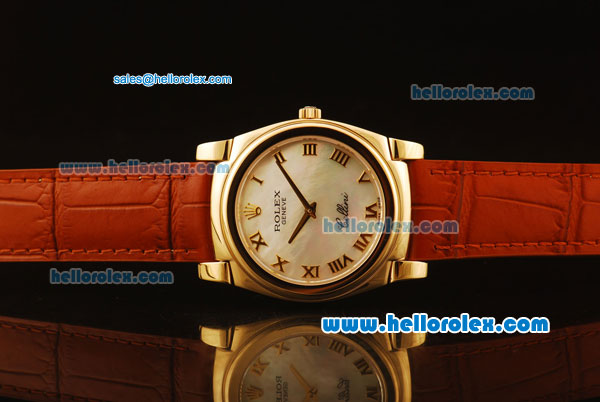 Rolex Cellini Swiss Quartz Yellow Gold Case with White MOP Dial and Brown Leather Strap-Roman Markers - Click Image to Close