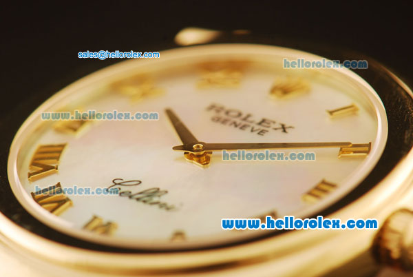 Rolex Cellini Swiss Quartz Yellow Gold Case with White MOP Dial and Brown Leather Strap-Roman Markers - Click Image to Close