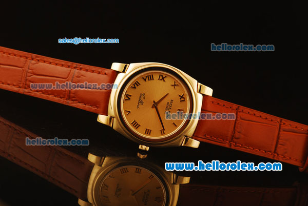 Rolex Cellini Swiss Quartz Yellow Gold Case with Gold Dial and Brown Leather Strap-Roman Markers - Click Image to Close